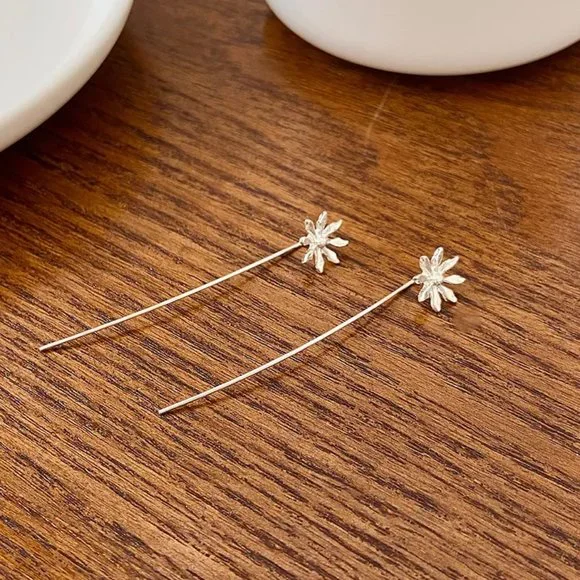 Silver Long Stem Flower Threader Earring NEW - Picture 4 of 6